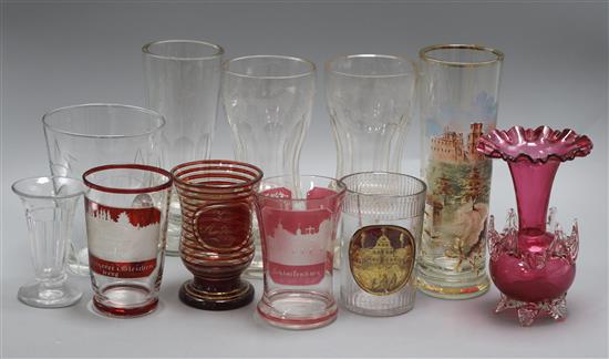 A Zwischengalt glass beaker, three ruby flashes spa beakers, four Bohemian glasses etc